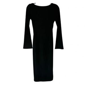 ☀️Line & Dot Black Ribbed Knit Midi Dress Bell Sleeves Boat Neck Size L
